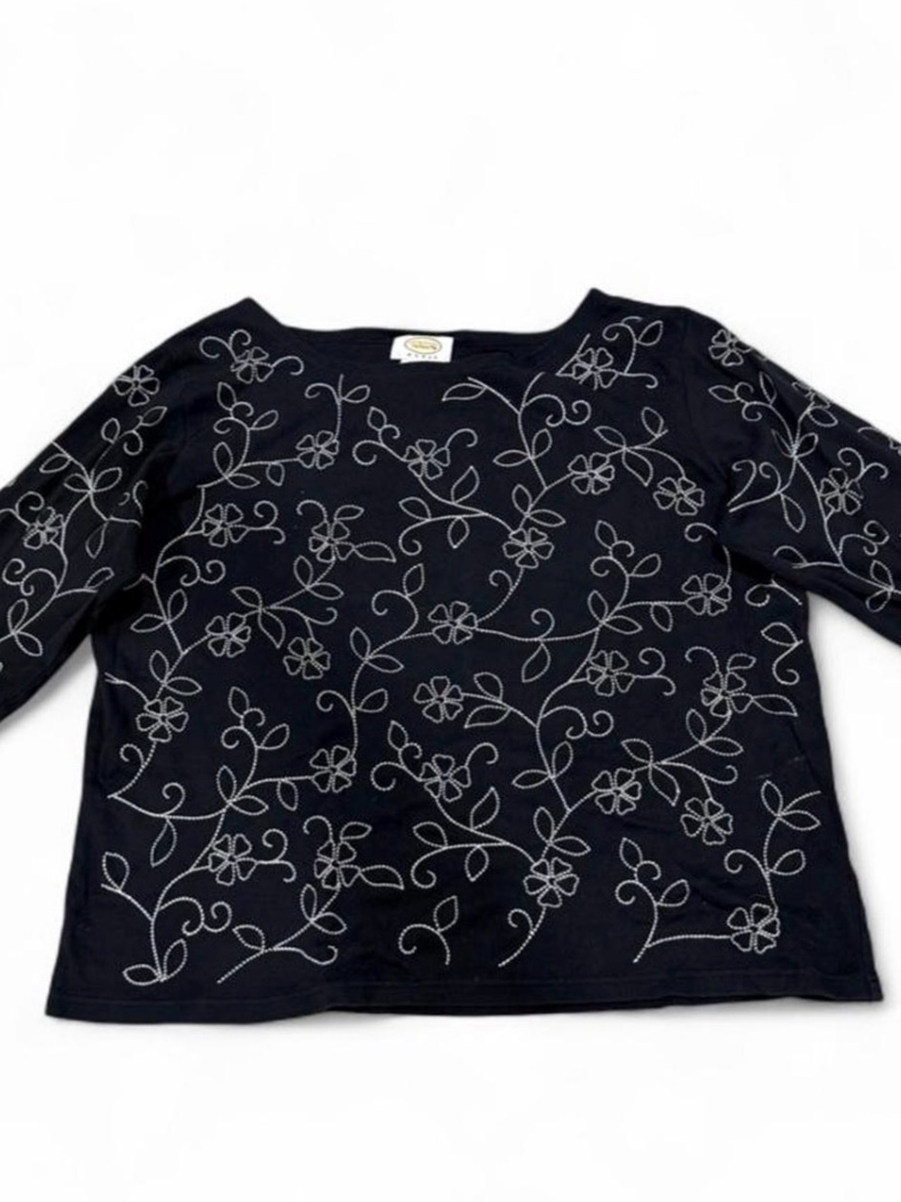 Talbots Black Long-Sleeve Top with White Floral Embroidery